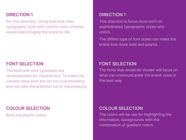 The two directions set out side by side, with type and colour rationale.