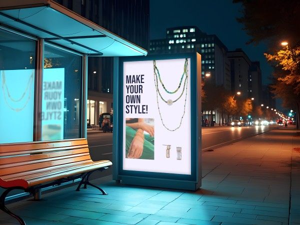 A lit bus-stop poster after dark.