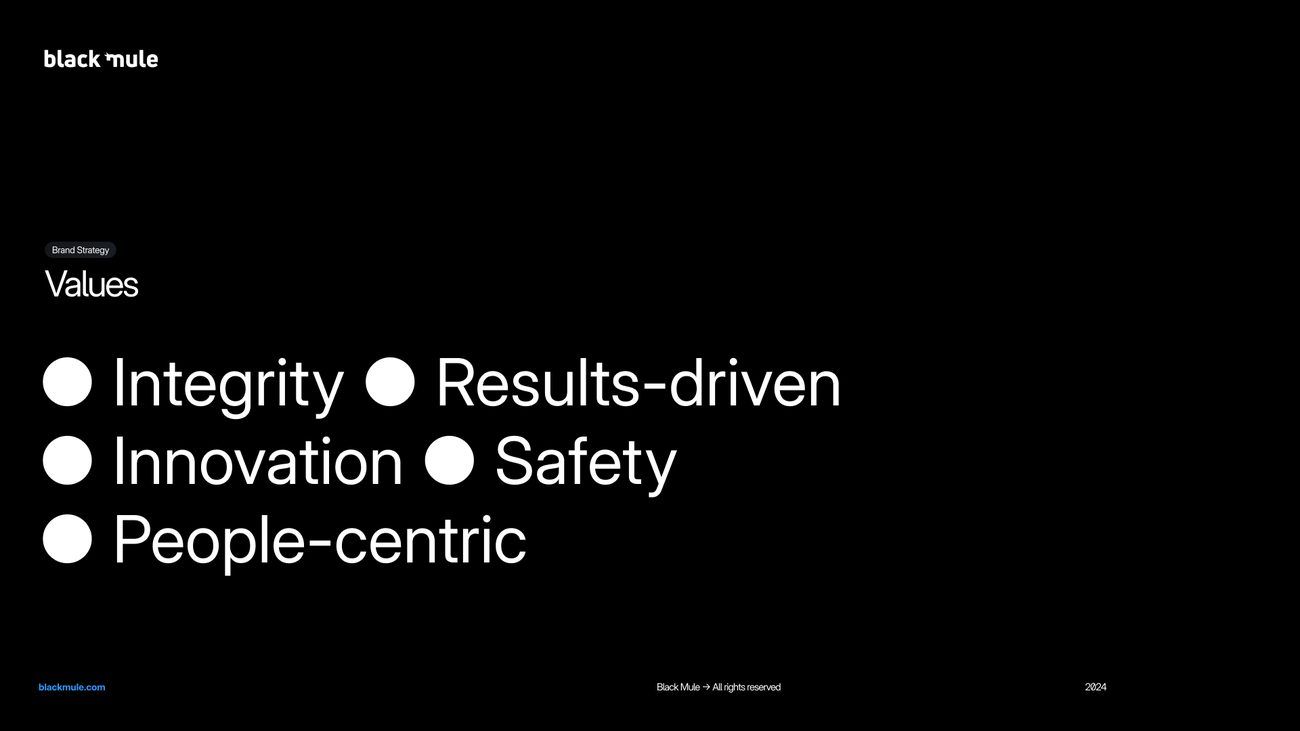 The five values, from the brand guidelines.