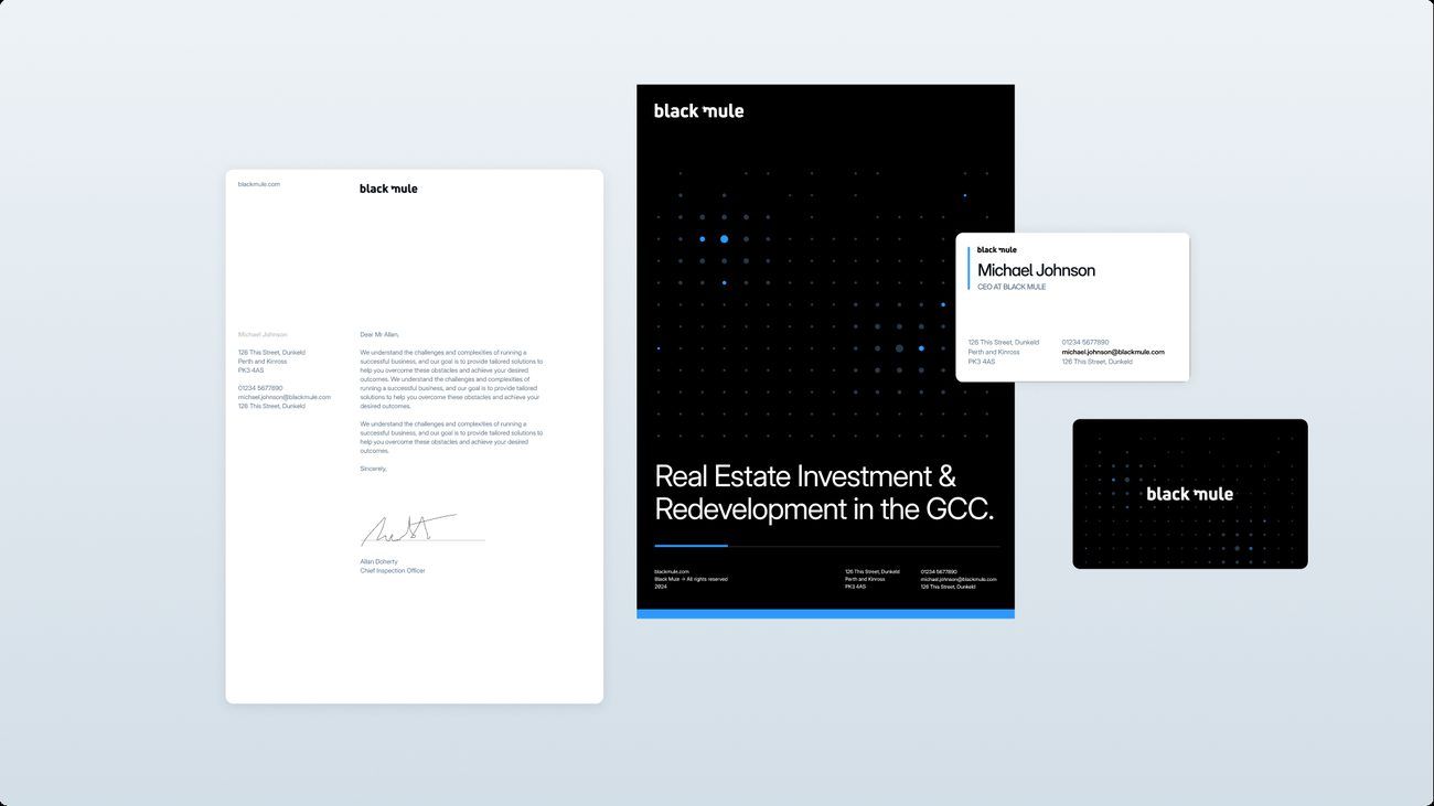 Folder, letterhead and cards, with the dot grid on the folder and card reverse.