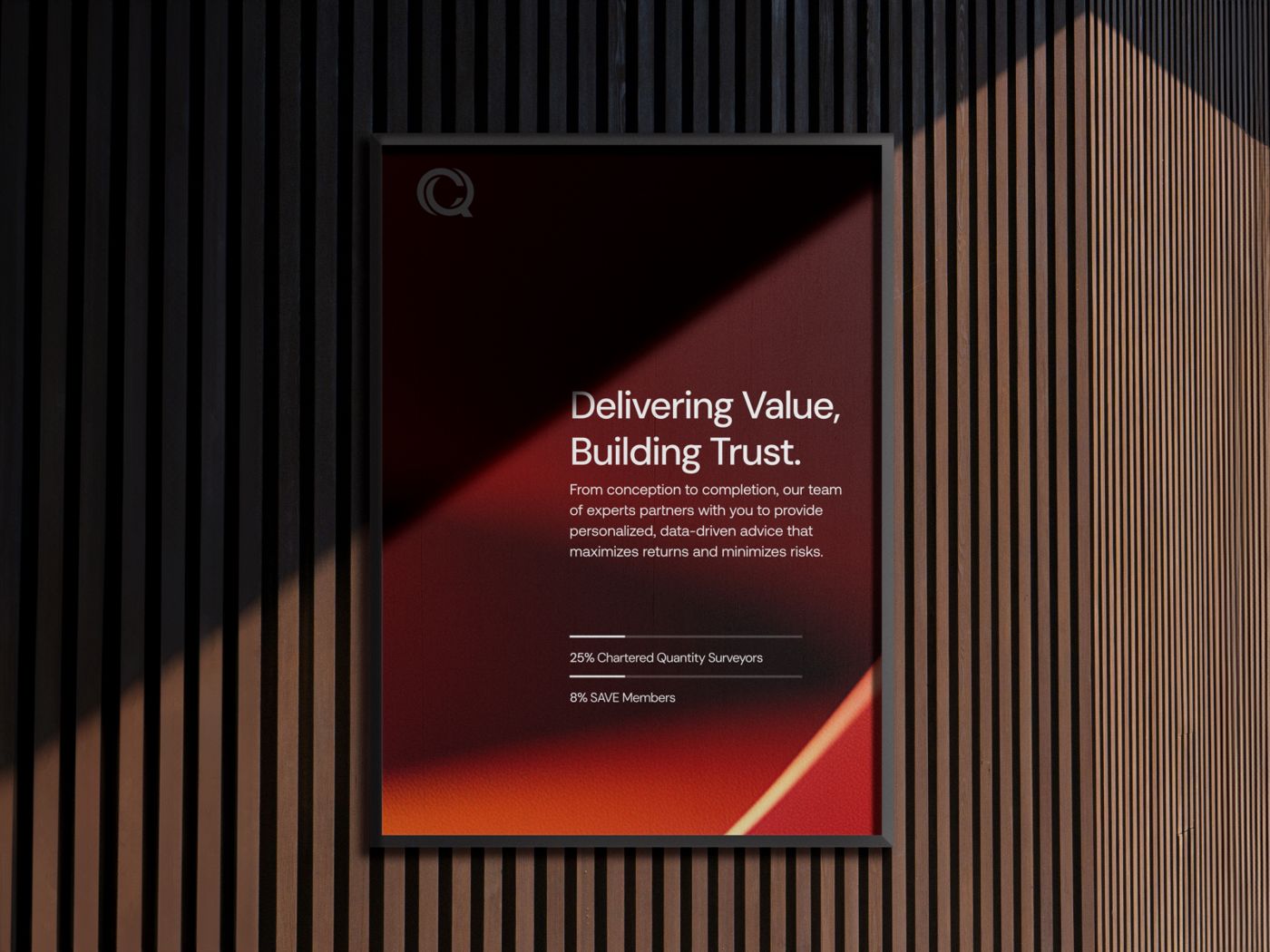 Poster on a slatted wall, the red system at full scale.