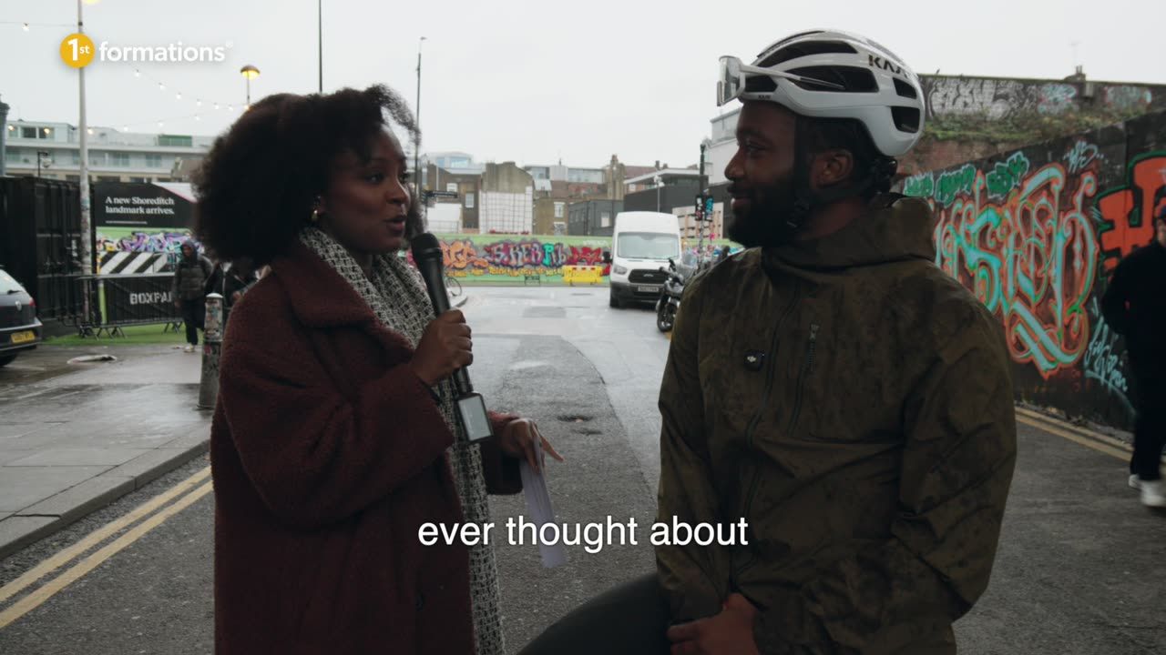 The presenter stops a passer-by in Shoreditch for the hero film.