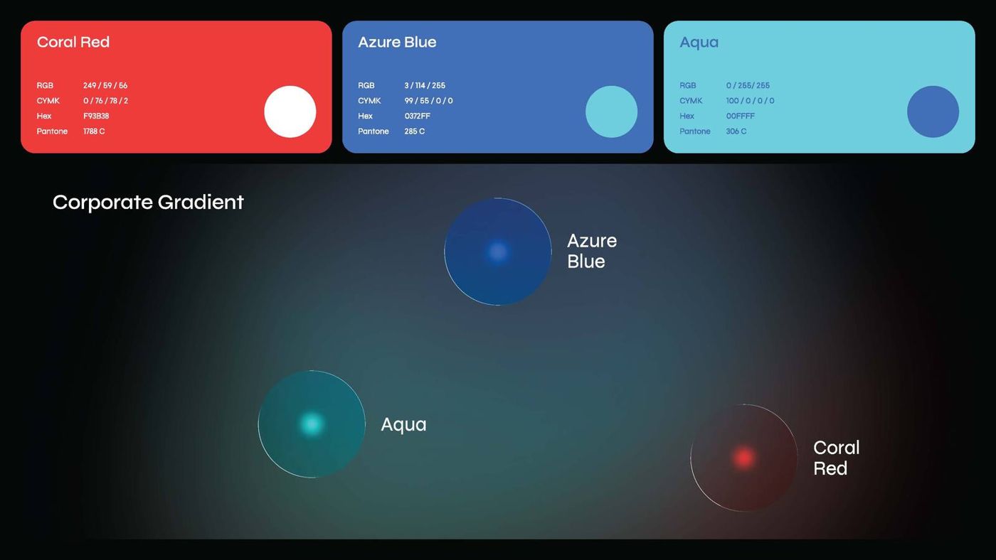 The palette: Coral Red, Azure Blue, Aqua and the corporate gradient.