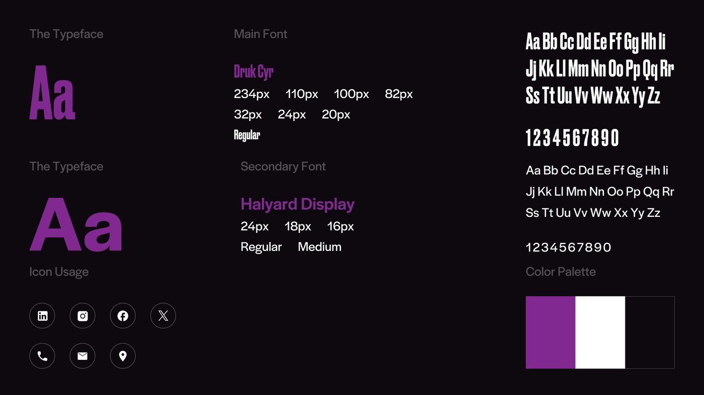 The type system, Druk and Halyard Display, with the icon set and three-colour palette.