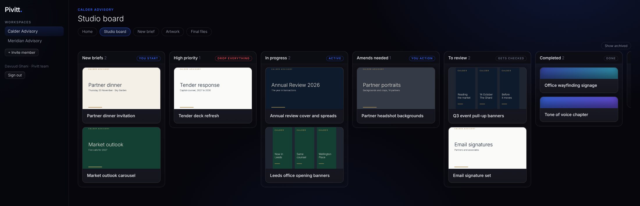 The Pivitt client portal studio board, briefs arranged from new to completed