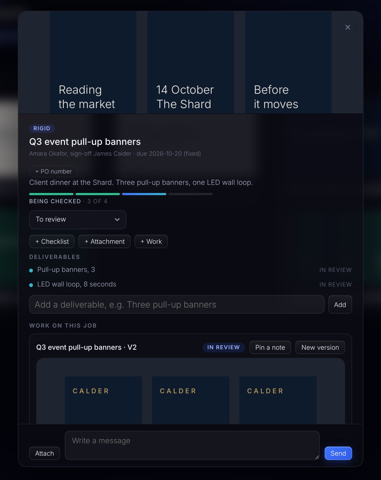 A brief open in the portal, with deliverables and the artwork version in review