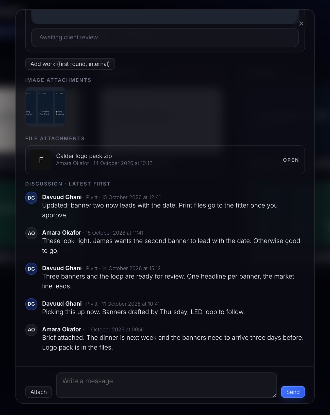 The conversation and attachments kept with the brief